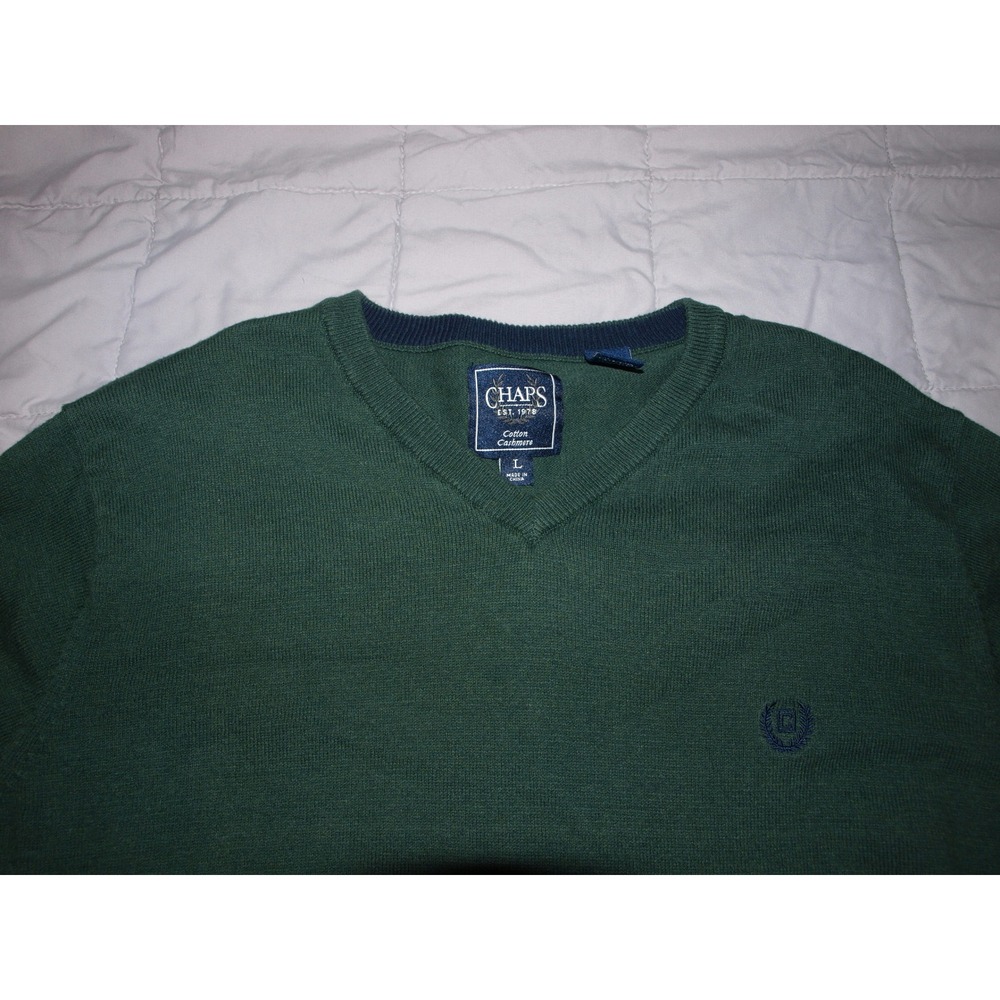 Chaps Cotton Cashmere V-Neck Sweater Mens size Large Green Knit Pullover - Picture 5 of 10